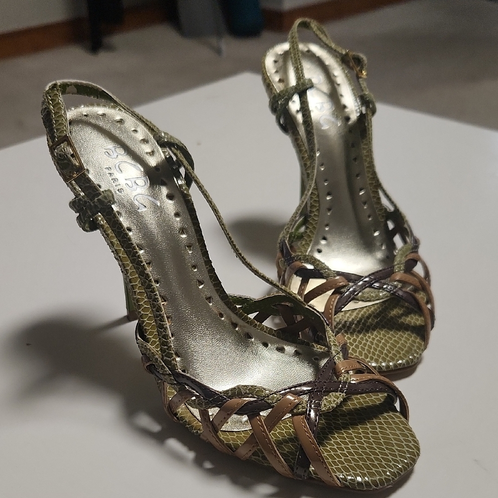 BCBGMaxAzria Paris Olive and Tan Strappy Heels
